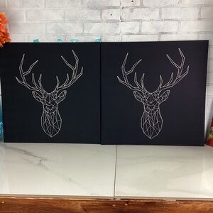 2 Ikea Black & White Canvas Stitched Artwork -Stag Deer Canvas